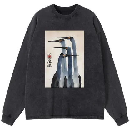Tokyo-Lion Retro Sandhill Crane Washed Long Sleeve T-Shirt