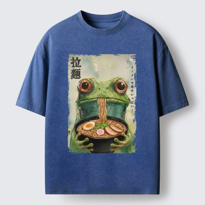 Tokyo-Lion Spacey Frog Eating Ramen Washed T-Shirt
