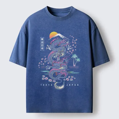 Tokyo-Lion Retro Japanese Dragon Washed T-Shirt