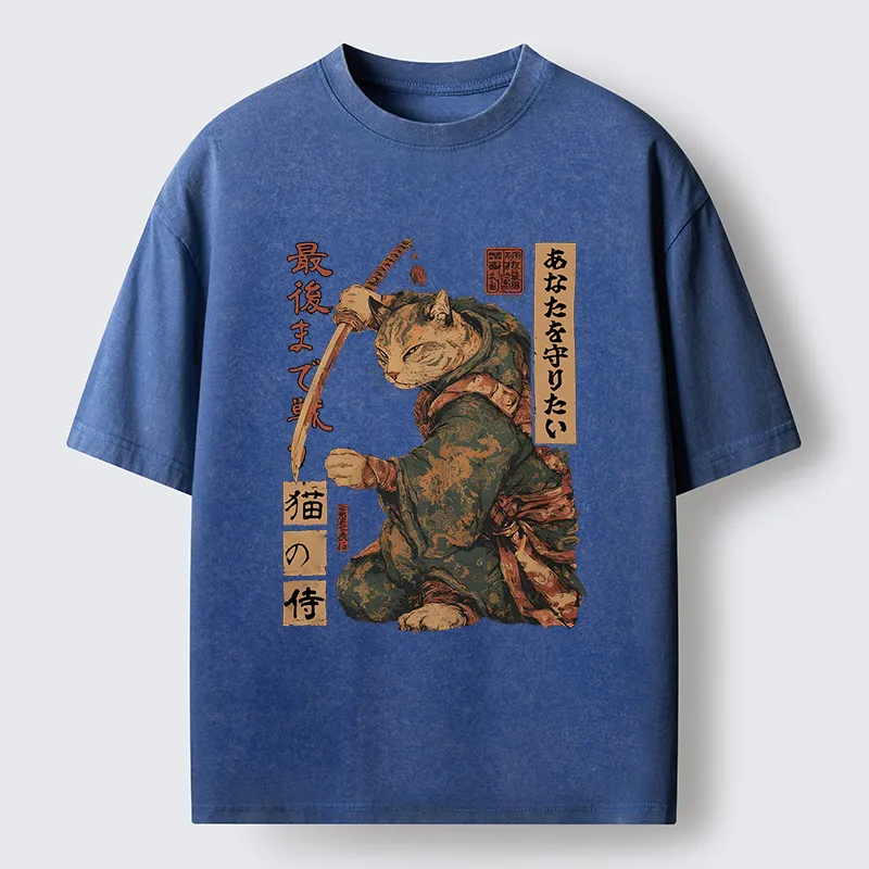 Tokyo-Lion Retro Cat Japanese Samurai Funny Washed T-Shirt