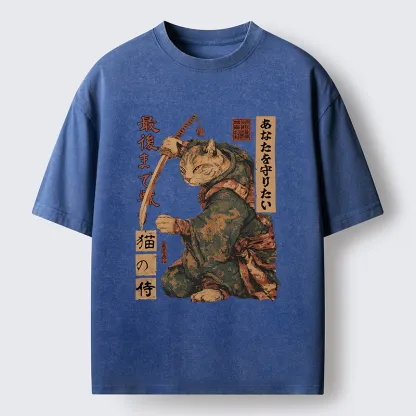 Tokyo-Lion Retro Cat Japanese Samurai Funny Washed T-Shirt