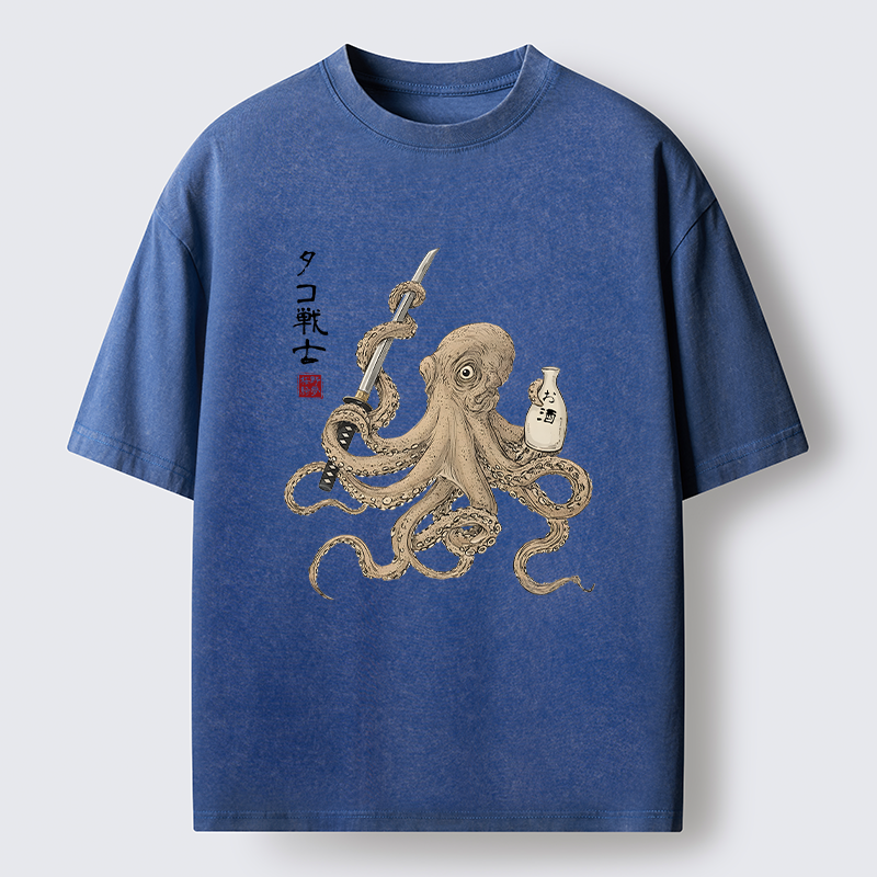 Tokyo-Lion Octopus Samurai And Sake Washed T-Shirt