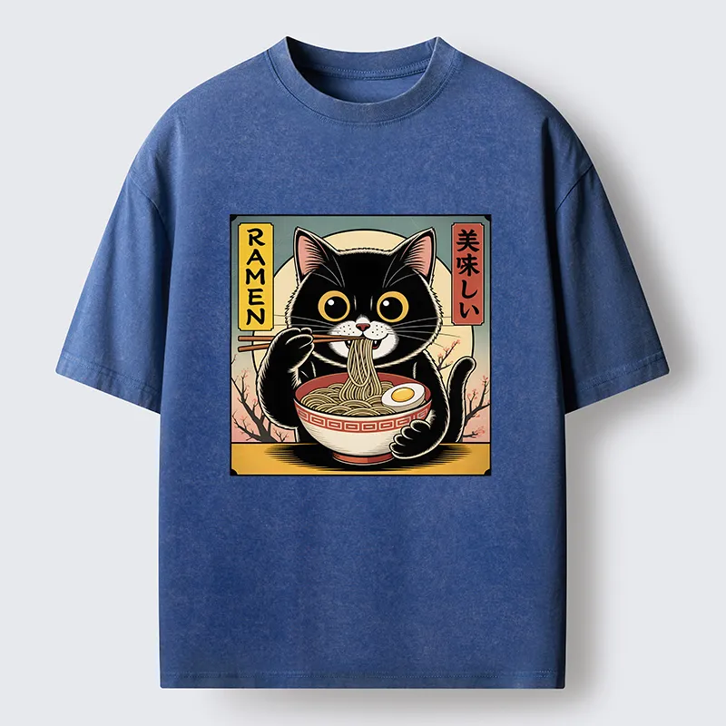 Tokyo-Lion Black Cat Eats A Big Bowl Of Ramen Funny Washed T-Shirt