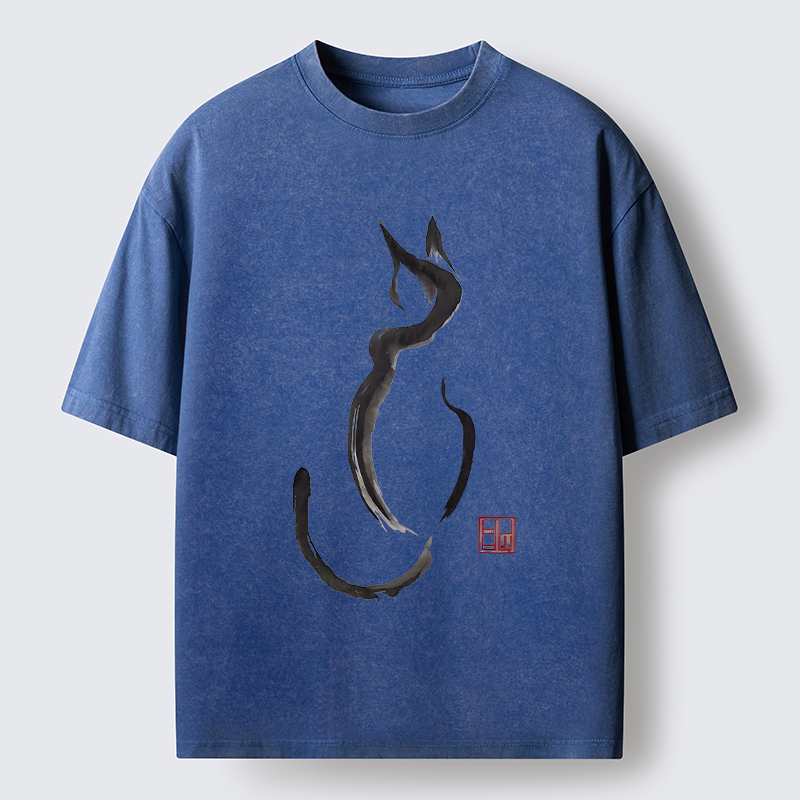 Tokyo-Lion Minimalist Cat Ink Washed T-Shirt-Tokyo-Lion