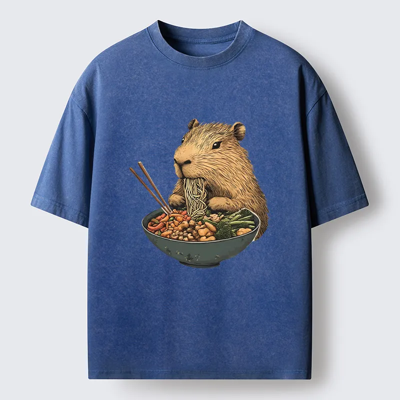 Tokyo-Lion Capybara Eating Ramen Funny Washed T-Shirt