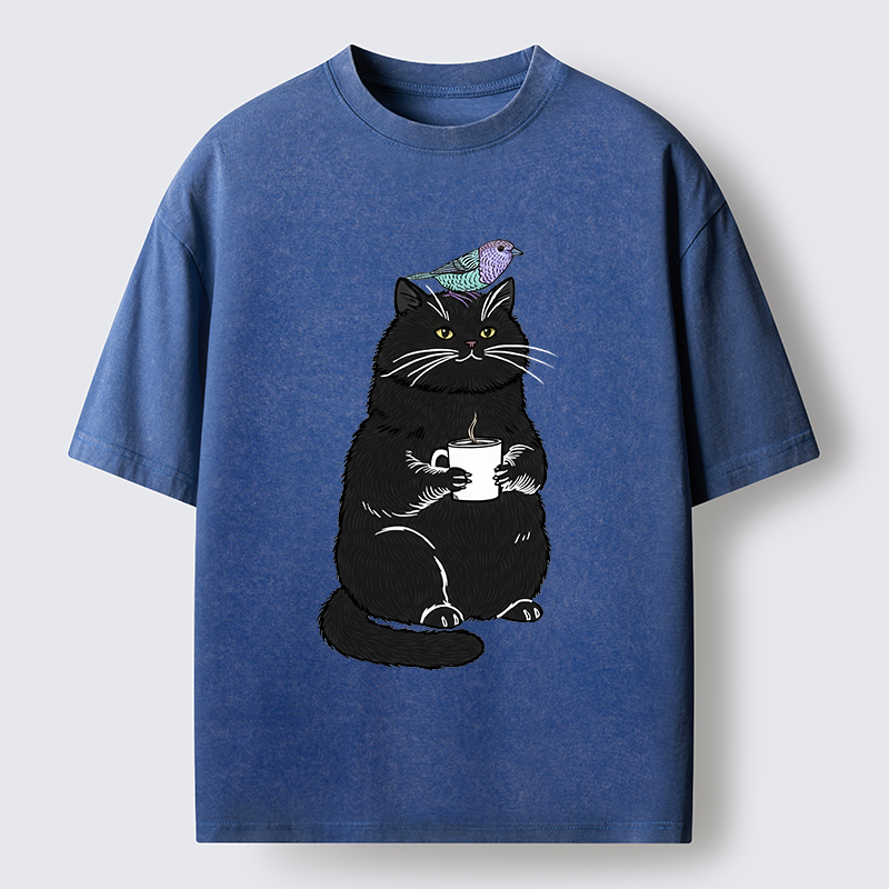 Tokyo-Lion Black Cat And Bird Washed T-Shirt