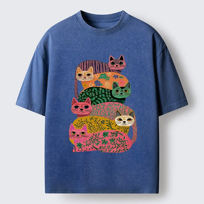 Tokyo-Lion Colorful Cats Washed T-Shirt