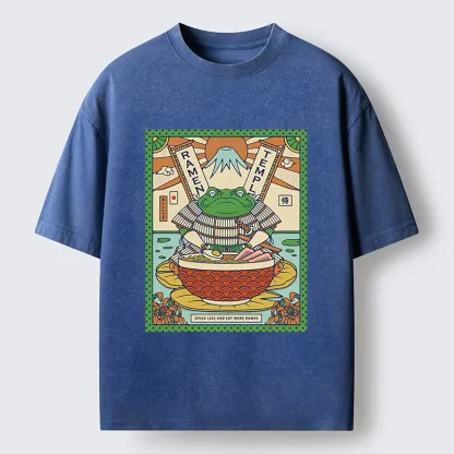 Tokyo-Lion Frog Samurai Eating Ramen Washed T-Shirt