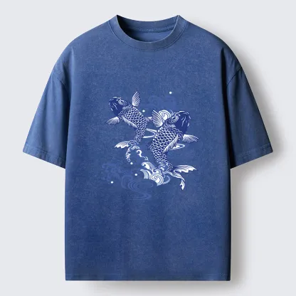 Tokyo-Lion Traditional Koi Pattern Washed T-Shirt
