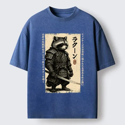 Tokyo-Lion Raccoon Japanese Samurai Washed T-Shirt