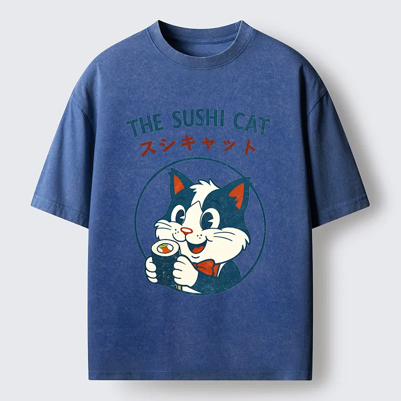 Tokyo-Lion Cat Sushi Funny Washed T-Shirt
