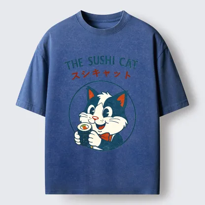 Tokyo-Lion Cat Sushi Funny Washed T-Shirt