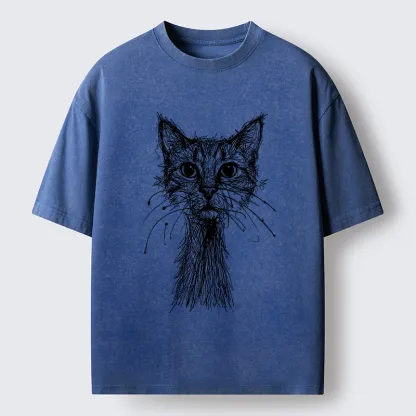 Tokyo-Lion Messy Line Cat Washed T-Shirt-Tokyo-Lion