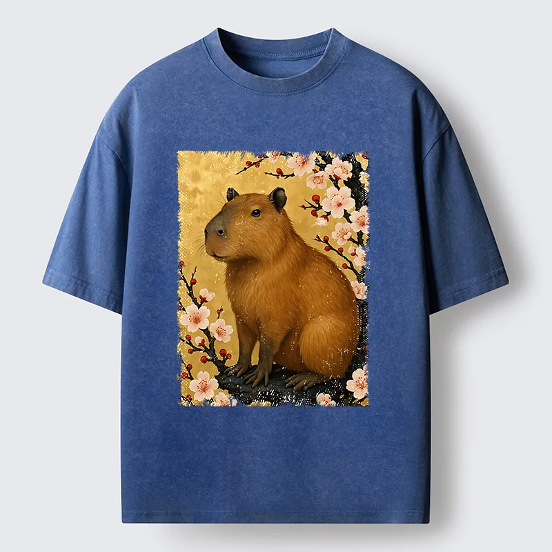 Tokyo-Lion Capybara And Sakura Washed T-Shirt