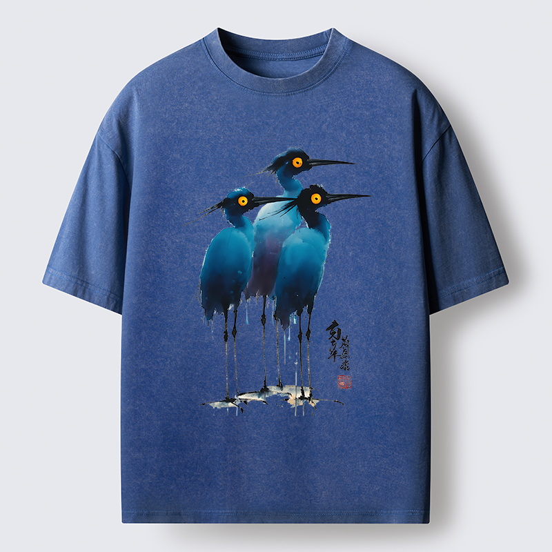 Tokyo-Lion Great Blue Heron Ink Painting Washed T-Shirt