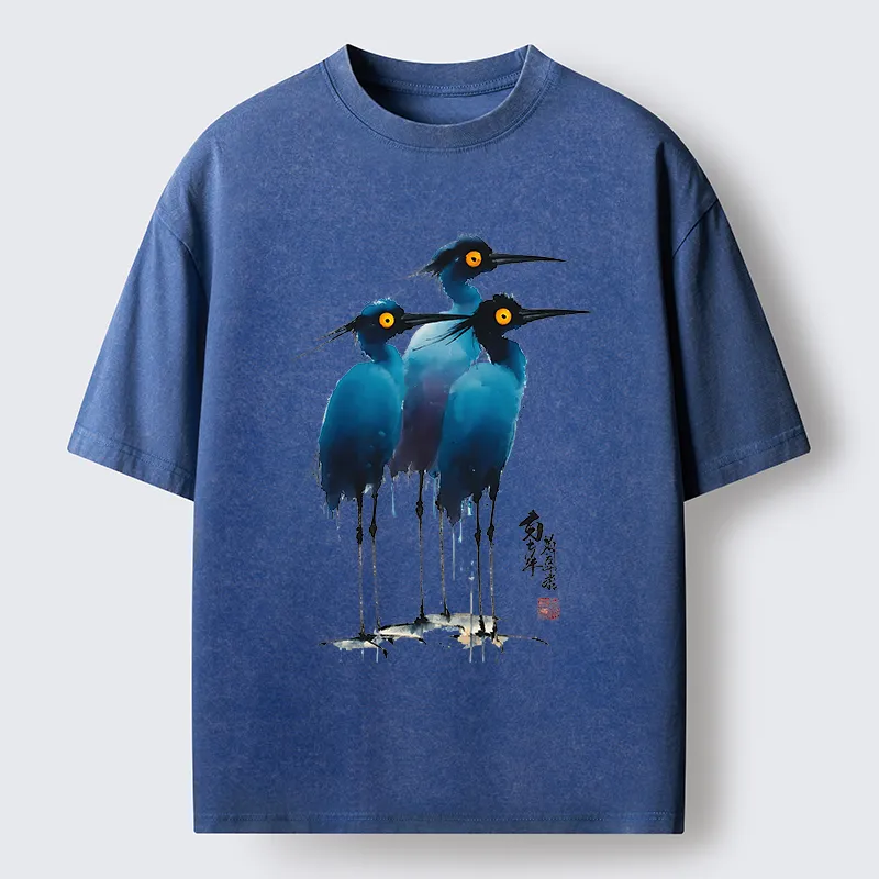 Tokyo-Lion Great Blue Heron Ink Painting Washed T-Shirt