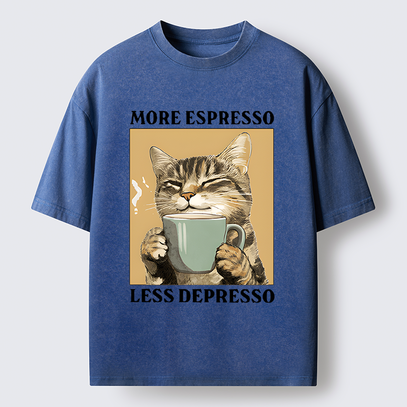 Tokyo-Lion Cute Cat Drinking Coffee Washed T-Shirt