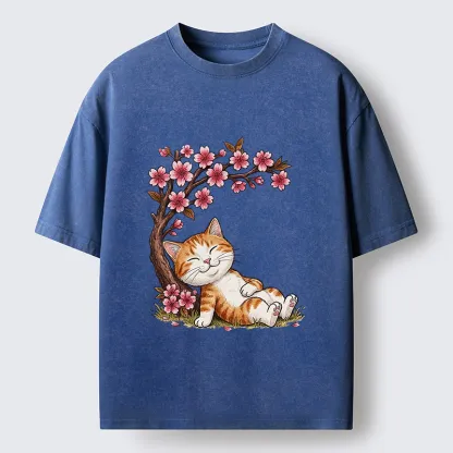 Tokyo-Lion Cat Sleeps Under Sakura Washed T-Shirt