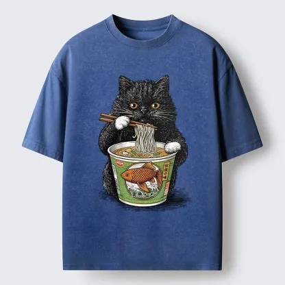 Tokyo-Lion Black Cat Eating Japanese Food Washed T-Shirt
