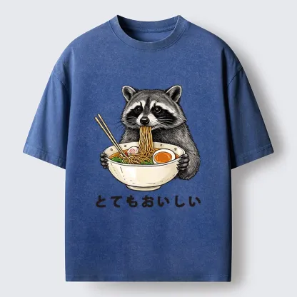 Tokyo-Lion Raccoon Eating A Big Bowl Of Ramen Washed T-Shirt