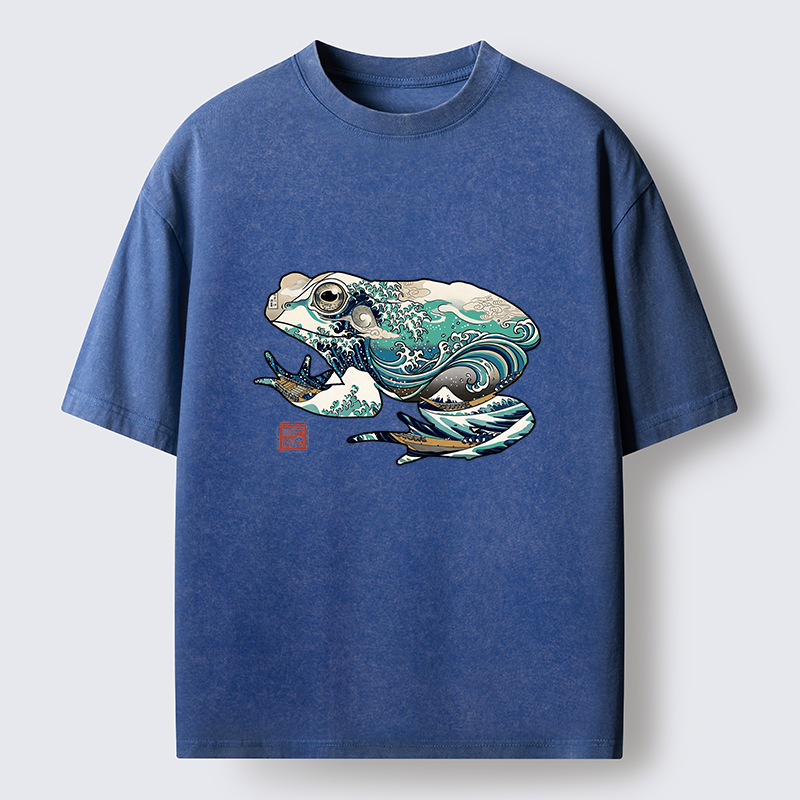 Tokyo-Lion Frogs And Ukiyo-e Waves Washed T-Shirt
