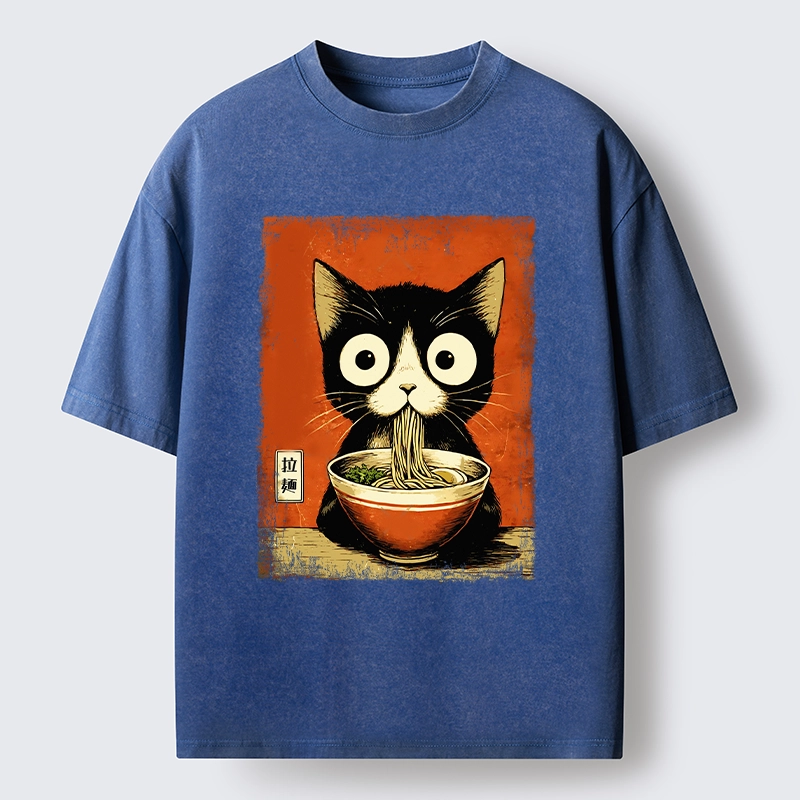 Tokyo-Lion Ramen Loving Black Cat Washed T-Shirt