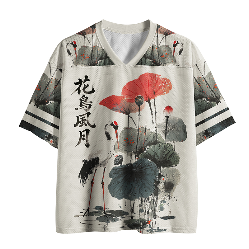 Tokyo-Lion White Crane Among Lotus Mesh Jersey-Tokyo-Lion