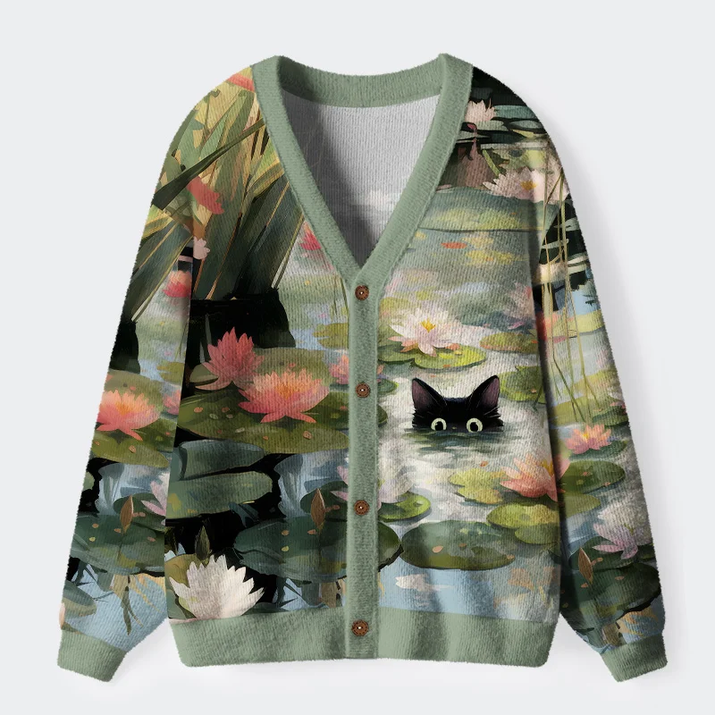 Tokyo-Lion Cats In The Lotus Pond Ugly Cardigan Sweater