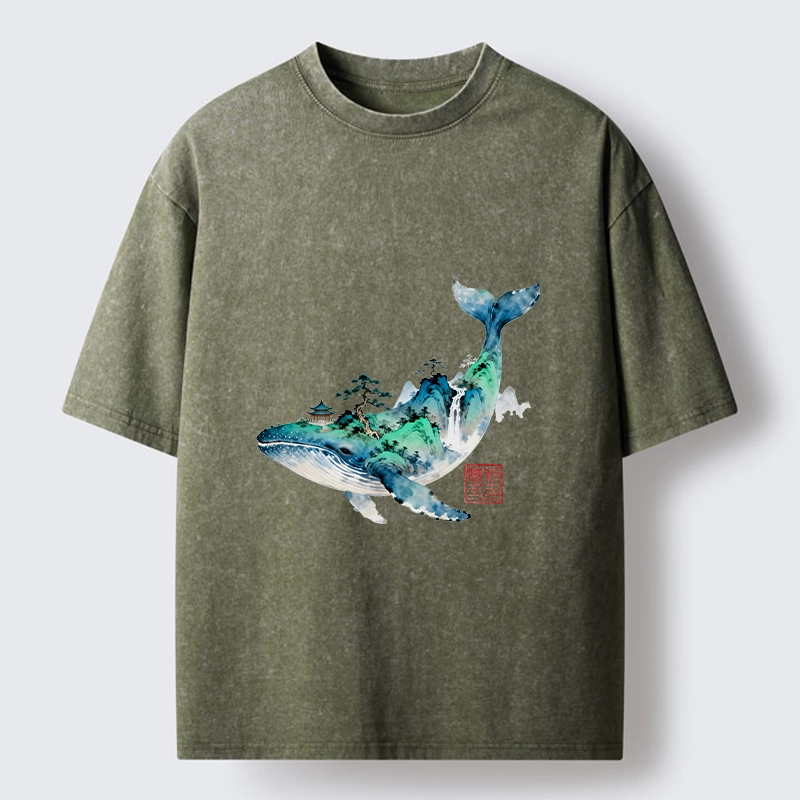 Tokyo-Lion Whale Ink Painting Landscape Washed T-Shirt