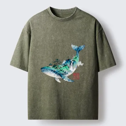Tokyo-Lion Whale Ink Painting Landscape Washed T-Shirt