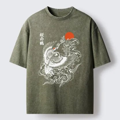 Tokyo-Lion Sakura Crane In Flight Washed T-Shirt