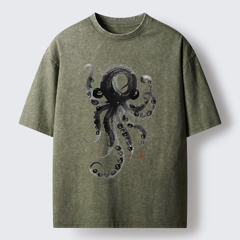 Tokyo-Lion Japanese Ink Octopus Art Washed T-Shirt