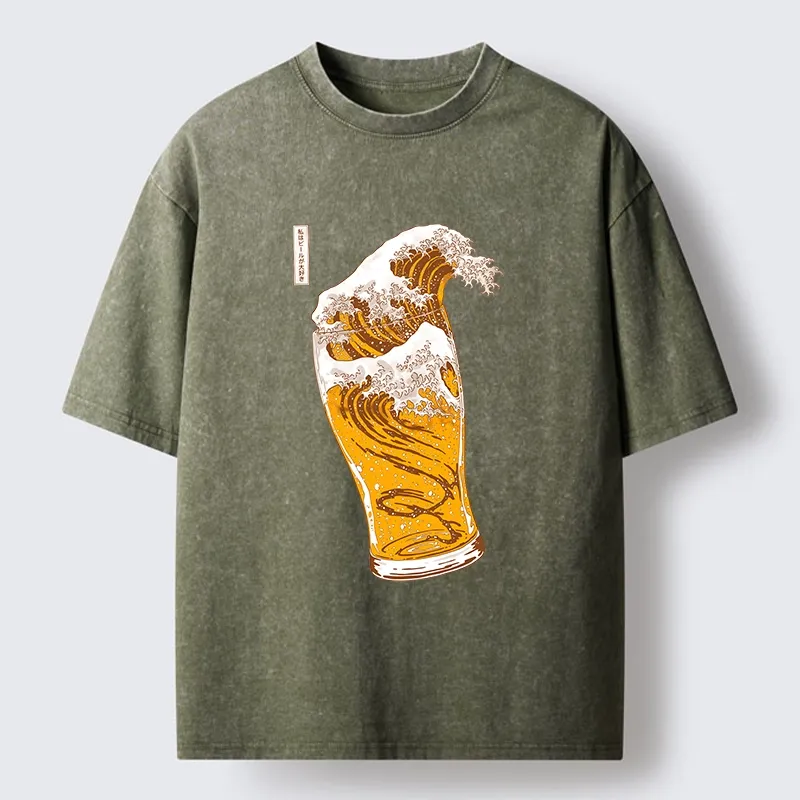 Tokyo-Lion Great Beer Wave Print Washed T-Shirt