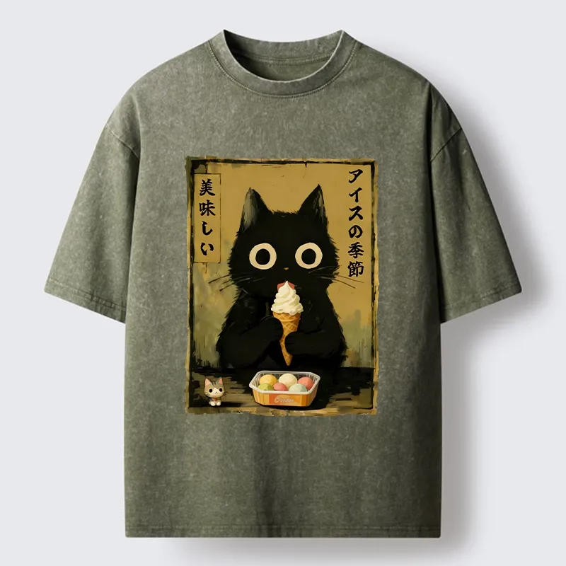 Tokyo-Lion Black Cat Loves Ice Cream Washed T-Shirt