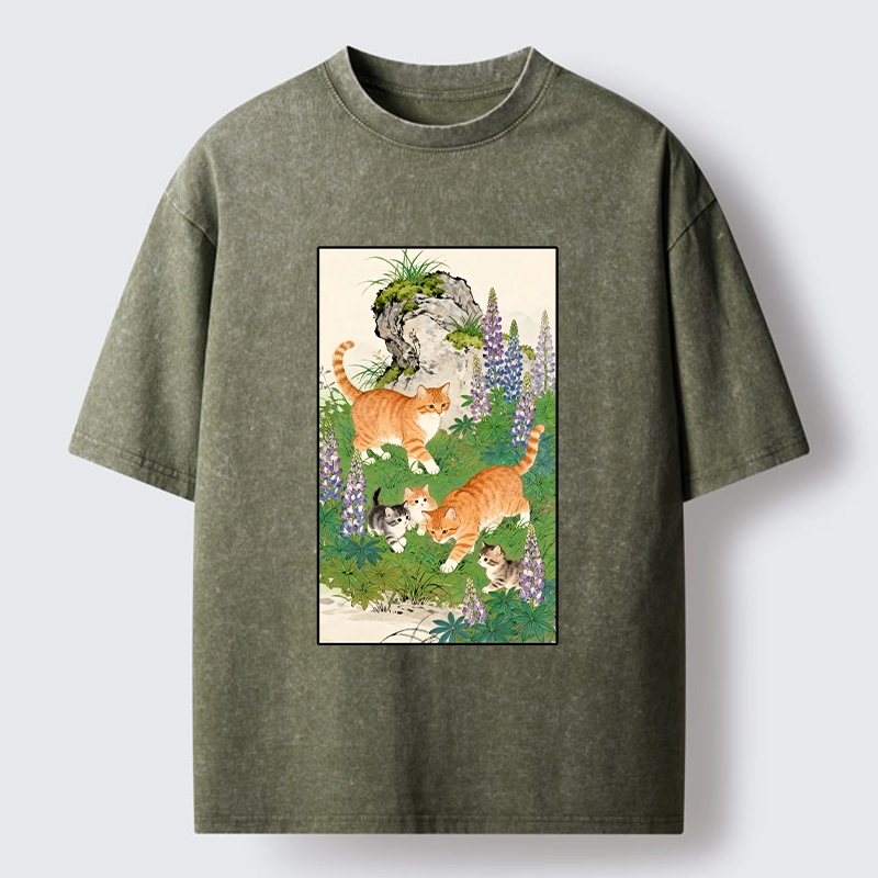 Tokyo-Lion Tabby Cats In Garden Meme Washed T-Shirt