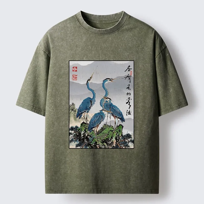Tokyo-Lion Cranes On Rock Zen Nature Washed T-Shirt