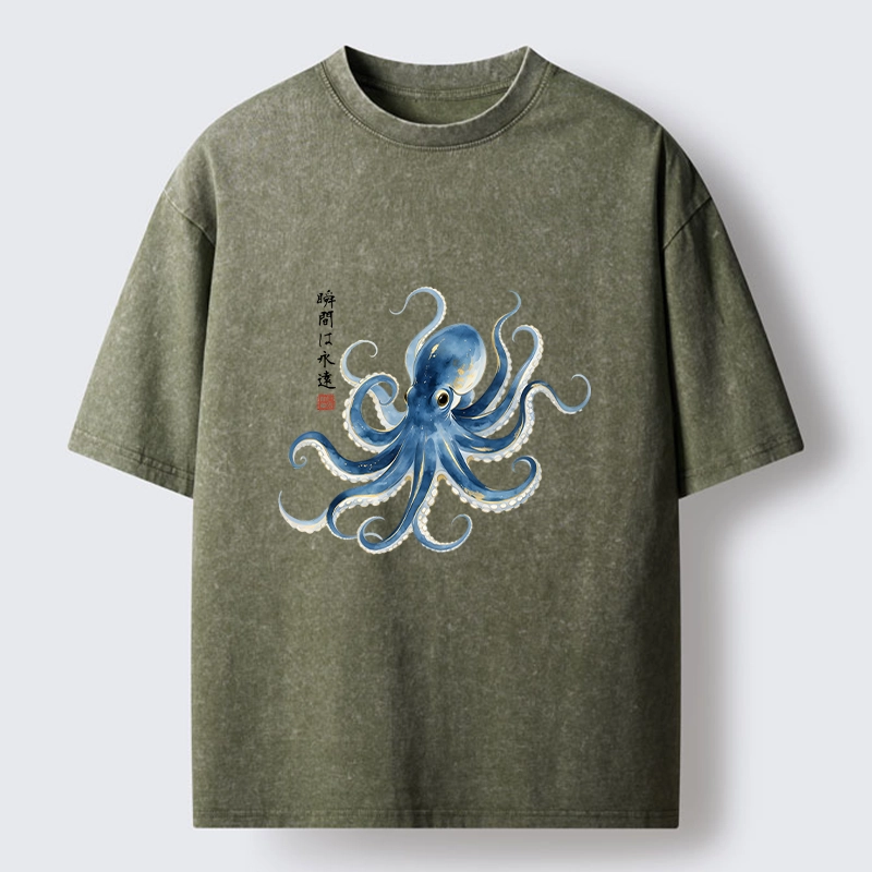 Tokyo-Lion Stylish Blue Octopus Japanese Washed T-Shirt