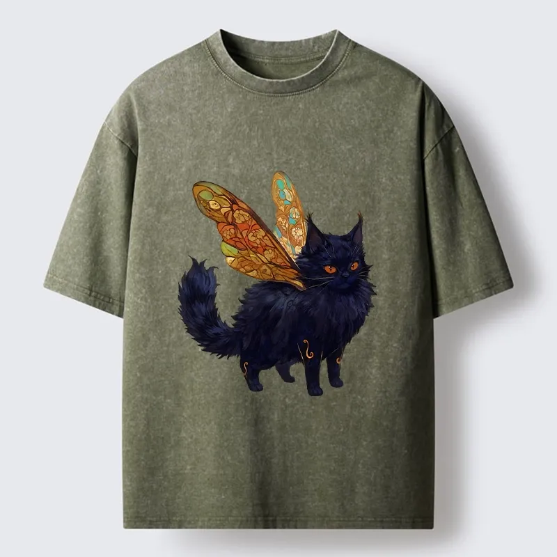 Tokyo-Lion Funny Fairy Black Cat Art Washed T-Shirt