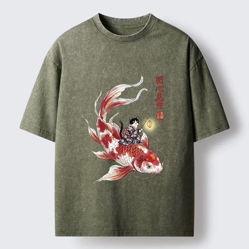 Tokyo-Lion Cute Kimono Cat On Koi Fish Washed T-Shirt