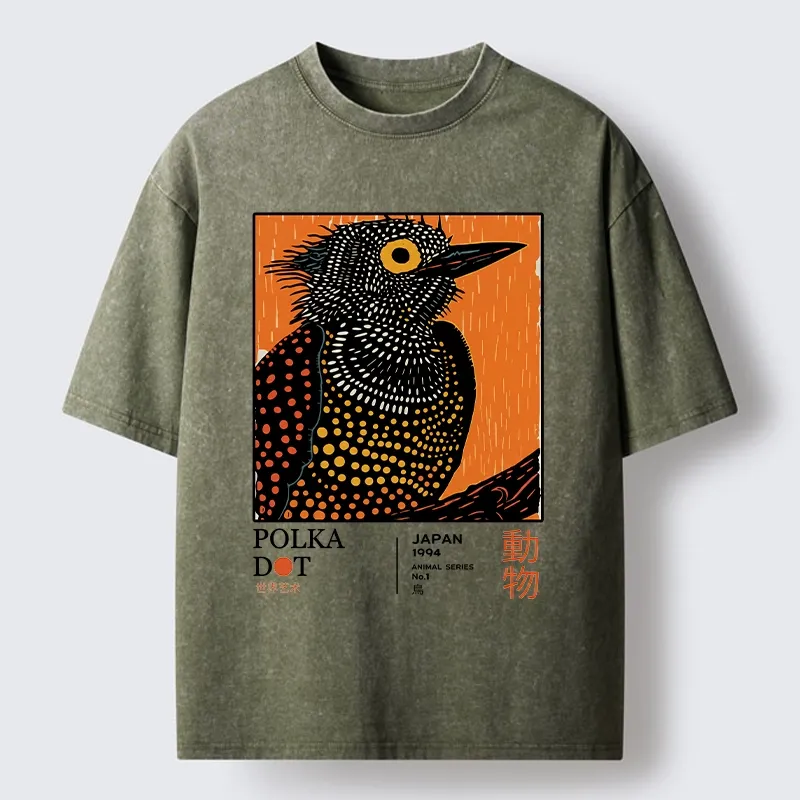 Tokyo-Lion Polka Dot Bird Japanese Art Poster Washed T-Shirt