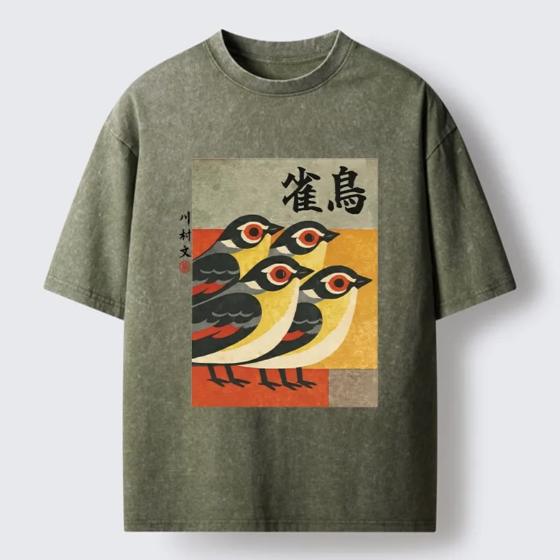 Tokyo-Lion Cute Sparrows In Retro Japanese Print Washed T-Shir