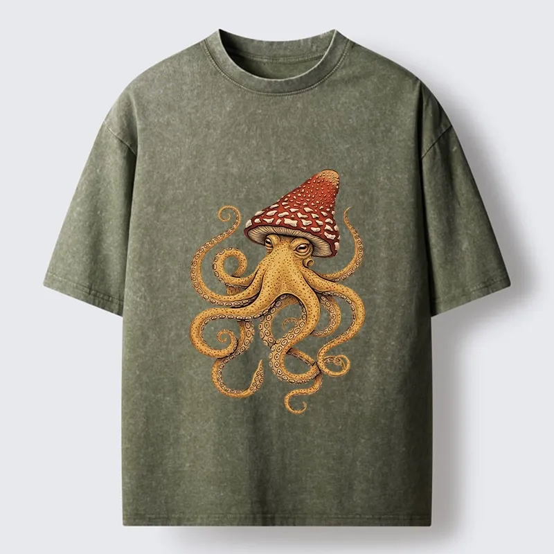Tokyo-Lion Mushroom Octopus Fantasy Art Washed T-Shirt