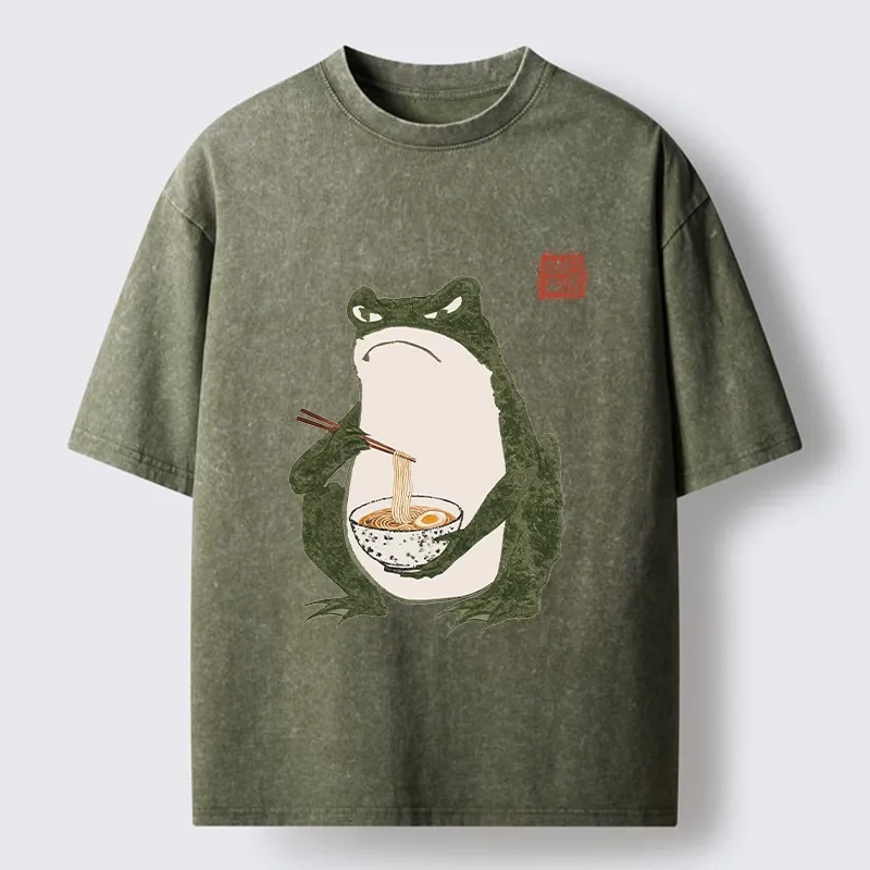 Tokyo-Lion Grumpy Frog Loves Ramen Washed T-Shirt