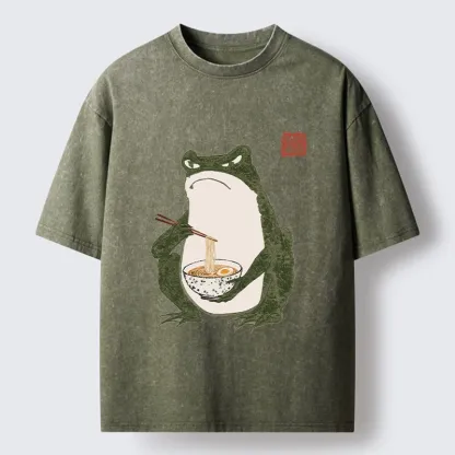 Tokyo-Lion Grumpy Frog Loves Ramen Washed T-Shirt