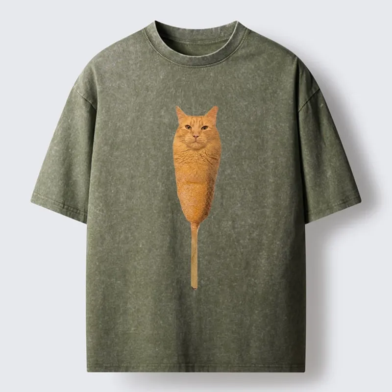 Tokyo-Lion Orange Cat Corn Dog Meme Washed T-Shirt