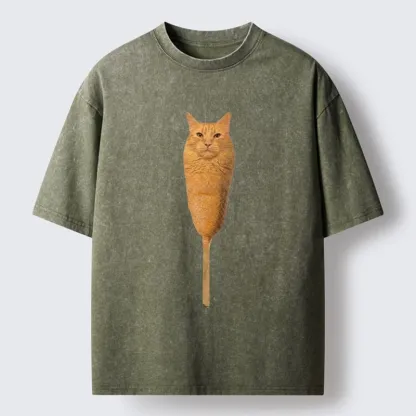 Tokyo-Lion Orange Cat Corn Dog Meme Washed T-Shirt