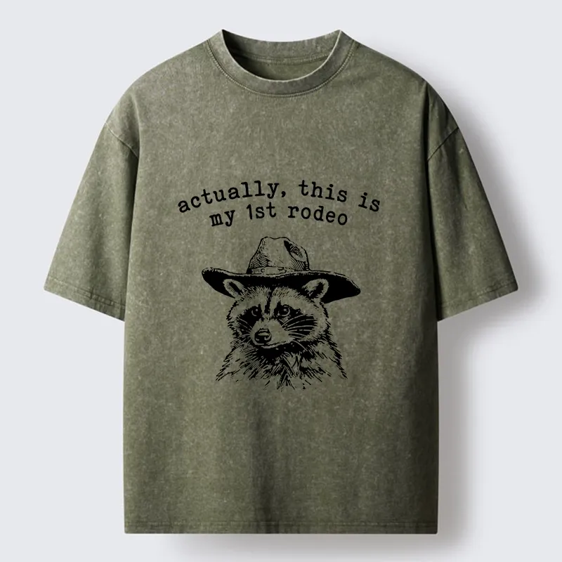 Tokyo-Lion Cowboy Raccoon First Rodeo Meme Washed T-Shirt