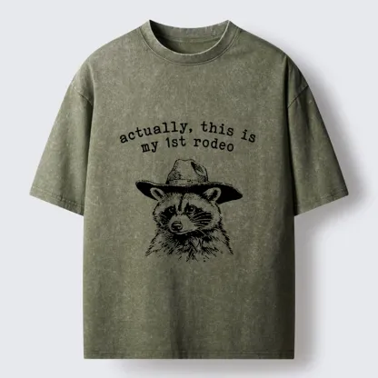 Tokyo-Lion Cowboy Raccoon First Rodeo Meme Washed T-Shirt