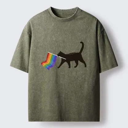 Tokyo-Lion Black Cat With Pride Flag Washed T-Shirt