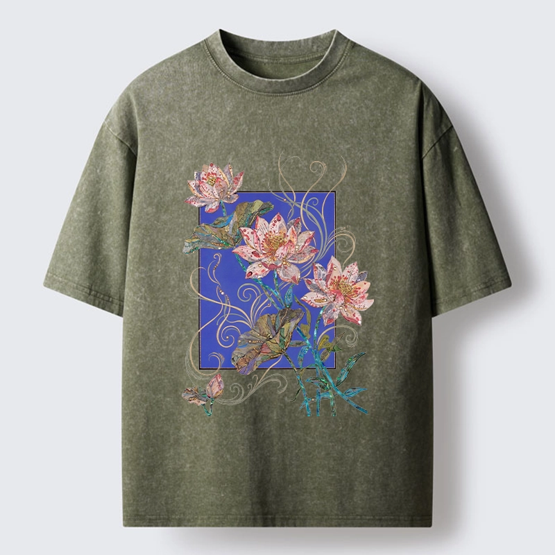 Tokyo-Lion Lotus Art Floral Vibe Washed T-Shirt